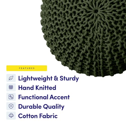 Pouf Ottoman Foot Rest Stuffed – 20” Diameter x 14” Tall Cozy Floor Pouf for Living Room, Bedroom, Nursery & More – 100% Cotton Knit Shell, EPS Bead Filled Footrest & Accent Chair, Green