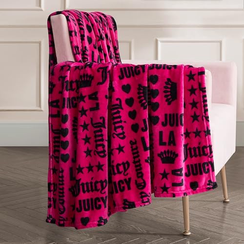 Juicy Couture Luxurious Throw Blanket for Couch - 50” x 70” Inches - Crown Royal Blanket - Plush & Cozy Throw Blanket - Decorative Blankets for Sofas, Throws for Chairs, and Beds – Hot Pink/Black