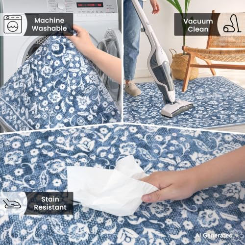 Vintage Washable 2x5 Rug, Blue and White Hallway Runner, Super Soft Non-Slip Kitchen Runner, Print Faux Wool Floral Thin Carpet for Entryway & Bedside