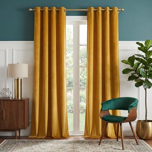 NICETOWN Gold Brown 90 inch Long Velvet Curtains & Drapes for Spring - Thermal Insulating Soft Yellow Window Treatments for Bedroom Living Room Sliding Glass Door, W52 x L90, 2 Panels