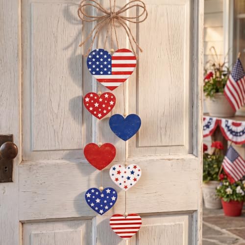 Capoda 4th of July Wood Hanging Decor Rustic Heart Patriotic Wreath Hanging Sign 250th Anniversary Independence Day Double-sided Wooden Wreaths, Labor Day Wall Decoration for Home Indoor Outdoor