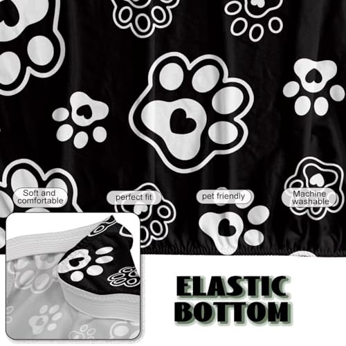 Paws Heart Print White Black Stretch Futon Cover with Elastic Bottom Armless Futon Mattress Cover Dustproof Cozy Couch Covers Scratch Resistant Sofa Bed Slipcover