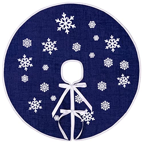 N&T NIETING Christmas Tree Skirt, 30 Inch Rustic Burlap Tree Skirt with Snowflakes Printed Christmas Tree Mat for Xmas Holiday Party Decoration, Dark Blue