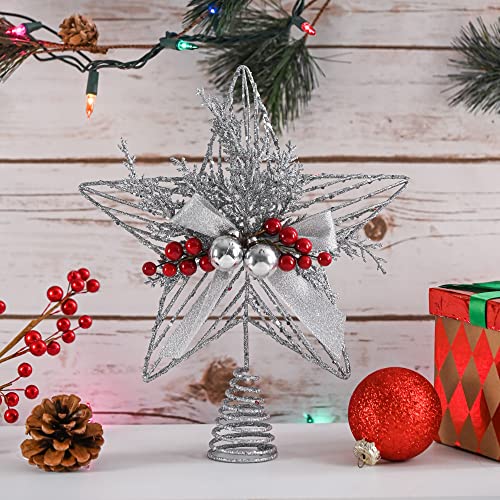 Ornativity Silver Star Tree Topper - Christmas Glitter Silver Star Xmas Holiday Decor Tree Top Decoration with Silver Bells and Mistletoe and Holly Red Berries 11.5"