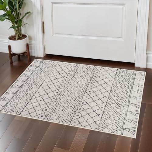 2x3 Entryway Rug Washable - Moroccan Small Area Rugs for Entryway Low Pile Indoor Mat Non Slip with Rubber Backing Thin Area Rug Pet Friendly for Front Door Kitchen Bedroom 2x3 Geo Grey