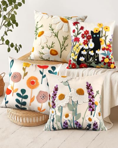 Embroidered Throw Pillow Covers 18x18 Inch - Set of 2 Summer Decorative Pillow Covers with Zipper Aesthetic Cute Design Throw Pillowcases for Couch Sofa Bed, Daisy
