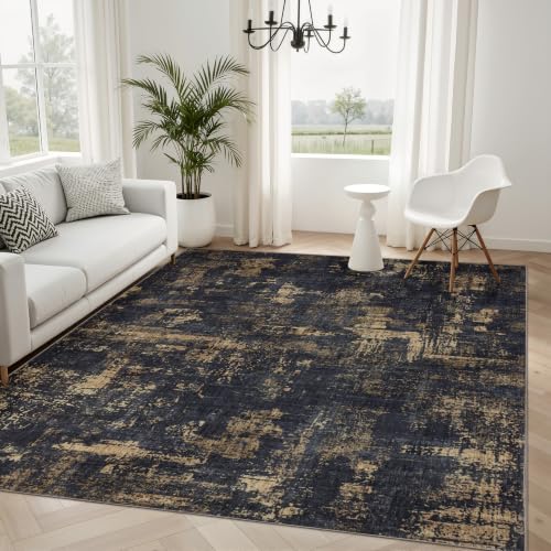 Sasttie 5x7 Washable Area Rug, Modern Abstract Carpet, Black & Gold