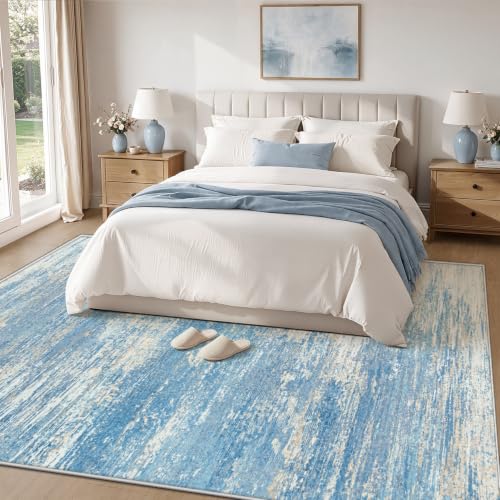 Washable Rug 5x7 Area Rugs for Living Room: Neutral Soft Rug Abstract Non Slip Low Pile Modern Carpet for Bedroom Kitchen Nursery Office Dining Room Indoor (Lightblue, 5'x7')