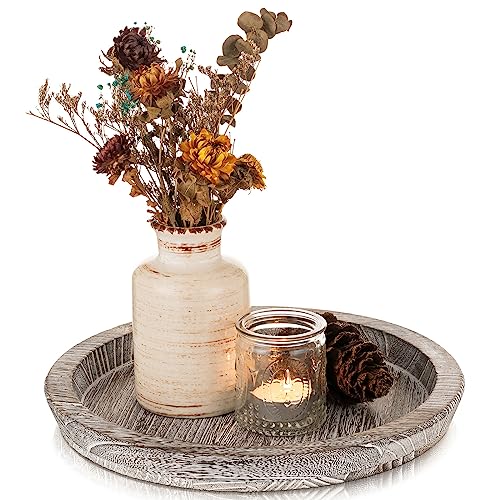 Romadedi Farmhouse Wooden Candle Tray, 11 Inch Round, Whitewashed