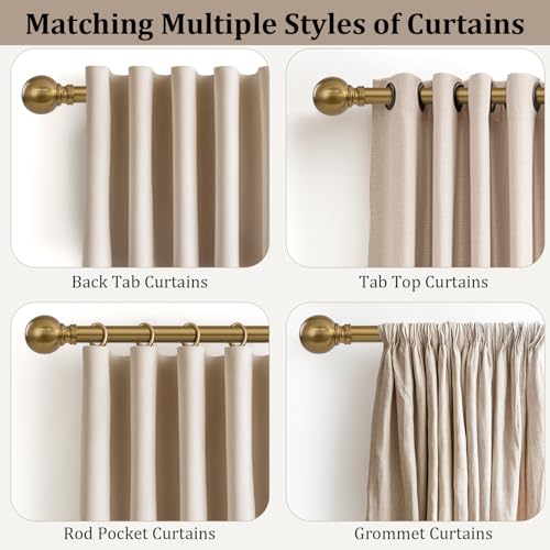 Warm Gold Curtain Rods for Windows 72 to144 Inch Brass Extra Long Heavy Duty Adjustable single 1" Diameter with vintage Brushed Bronze Metal Finials Antique for Living Room Bedroom Farmhouse Kitchen