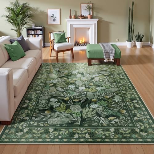 Anidaroel Green Botanical Floral Washable 5x7 Area Rugs, Abstract Large Rugs for Living Room Non-Slip Soft Modern Rugs for Bedroom, Stain Resistant Accent Floor Carpet for Dining Room Entryway