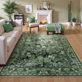 Anidaroel Green Botanical Floral Washable 5x7 Area Rugs, Abstract Large Rugs for Living Room Non-Slip Soft Modern Rugs for Bedroom, Stain Resistant Accent Floor Carpet for Dining Room Entryway
