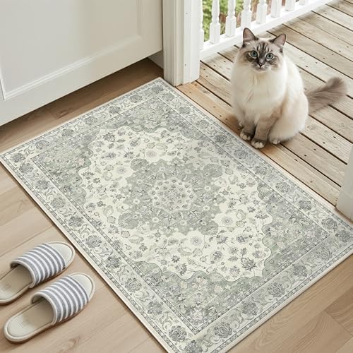 2x3 Non-Slip Washable Entryway Vintage Carpet Rug, Sage Green