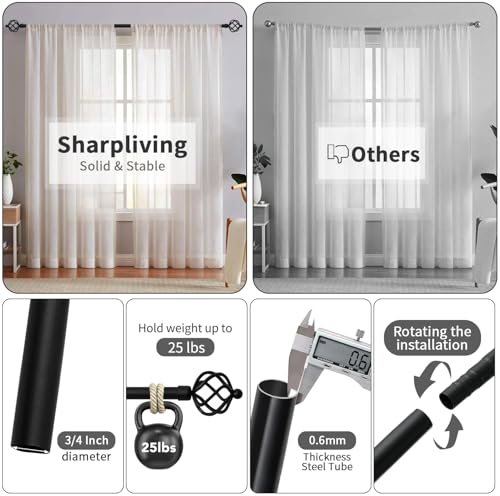Sharpliving Black Curtain Rod for Living Room 48 to 84 Inch Long, 1 Pack 3/4 Inch Diameter Single Adjustable Bedroom Window Curtain Rod with Brackets, Decorative Curtains Rods with Spiral Finials