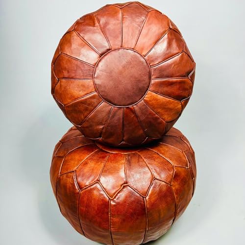 Brown Moroccan Leather Pouf – Set of 2 – Delivered Unstuffed – Handcrafted Ottoman, Footstool, Footrest, Floor Cushion – Versatile Artisan Accent