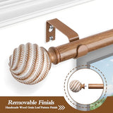 Wood Curtain Rods for Windows 66 to 120 Inches, TONIAL 1'' Adjustable 32-120 Inch Long Drapery Rod with Wood Grain Leaf Pattern Finials, Boho Decorative Style for Living Room, Bedroom, Outdoor, Brown
