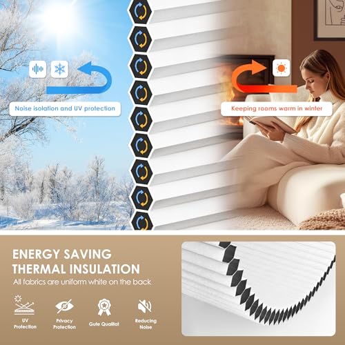 LazBlinds No Tools No Drill Cordless Cellular Shades, Blackout Light Blocking Honeycomb Shades for Home, Thermal Insulation Blinds for Windows, 22" W x 36" H, White