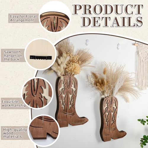 Havawish 2 Pcs Western Wall Decor Wood Cowboy Boots Wall Planter for Indoor Plants 12 x 8'' Western Boot Flower Hanging Vase for Flower Faux Rustic Home Decor for Bathroom Bedroom(Retro Style)