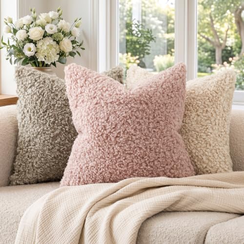 Foindtower Decorative Fuzzy Faux Fur Throw Pillow Covers 22x22 Dusty Rose