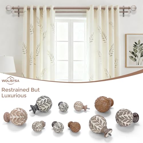 Double Curtain Rod 36-76 Inch, Boho Wood Decorative Dual Curtain Rods for Windows, 1" Adjustable Heavy Duty Double Rod, Unique Handmade Imitation Weathered Wood Grain Leaf Finials Design