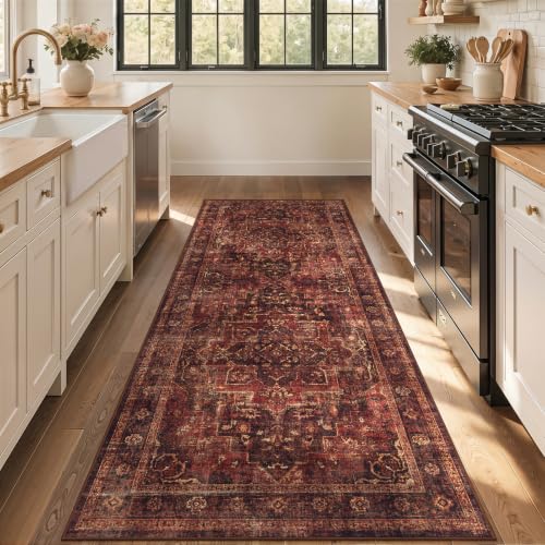 Washable Hallway Runner Rug 3'x8', Vintage Medallion, Dark Red
