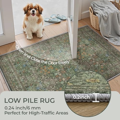 2x6 Runner Rug, Green Floral Rug for Entryway, Moynesa Washable Kitchen Rugs with Rubber Backing, Thin Soft Botanical Runners for Hallways, Bedroom, Laundry, Bathroom(2'x6', Dark Green)