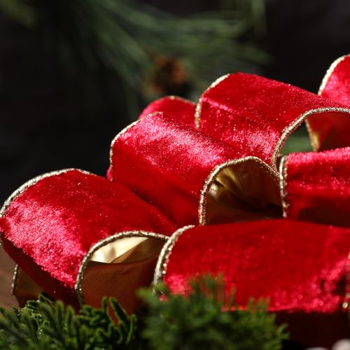 LaRibbons Large Red Velvet Christmas Tree Topper Bow, 13"x51" Holiday Ribbon Tree Topper, Classic Christmas Tree Decoration with Gold Trim, Xmas Indoor Outdoor Ornament