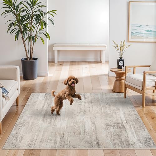 Area Rugs 4x6 for Living Room - Washable Modern Abstract Bedroom Rugs with Non Slip Rubber Backing Indoor Low Pile Carpet for Kitchen Office Nursery Home Decor Floor Mat for Bathroom 4x6 Beige