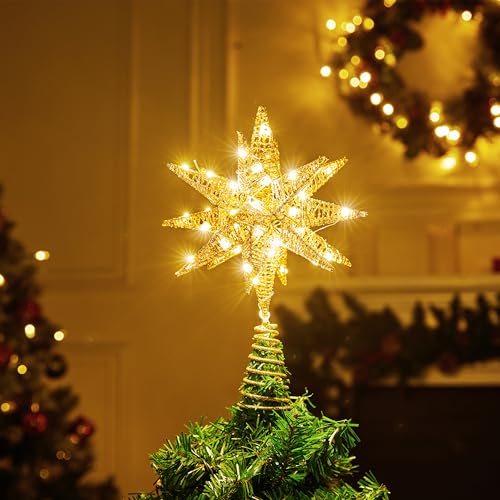 JOIEDOMI 7.8" Metal 3D Star Christmas Tree Topper Golden Glitter Decorations with 56 LED Warm White with Plug Timer Ornaments Treetop Home Holiday Party Indoor Decor