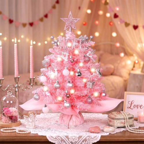 20" Mini Pink Christmas Tree, Artificial Small Table Top Warm Lights, Star Treetop and Ornaments, Tabletop Christmas Tree for DIY Pink Christmas Decoration Gifts
