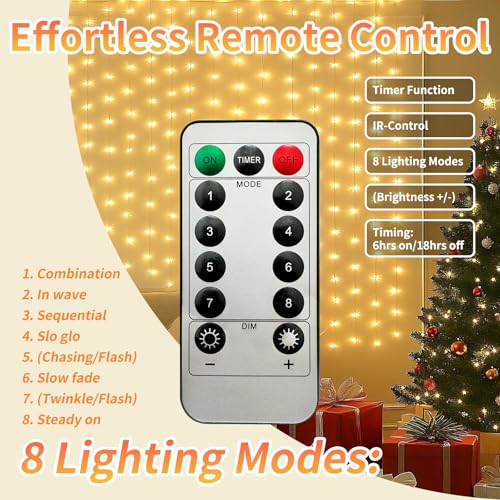 Fairy Curtain Lights, 200 LED Upgraded Tangle-Free Hanging Lights with Remote, USB Plug in String Lights for Bedroom Wall Window Wedding Party Xmas Home Décor - 6.6 x 6.6 Ft, Warm White