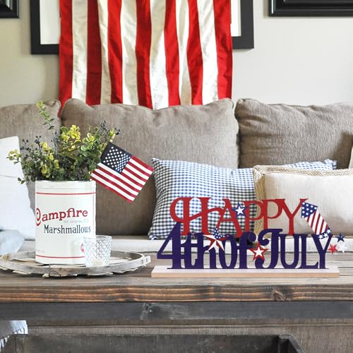 MEETYAMOR 4th of July Decorations, Metal Happy Fourth of July with Wooden Base, Patriotic Independence Day Decor for the Home, Tiered Tray, Shelf, Table, Mantel