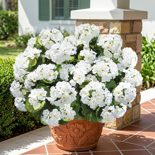 Fake Geraniums Artificial Flowers for Outdoors Outside, 6 Bundles White Silk Geraniums Fake Flowers Plants Realistic UV Resistant Faux Flowers for Outdoor Planters Garden Balcony Yard Porch Indoor
