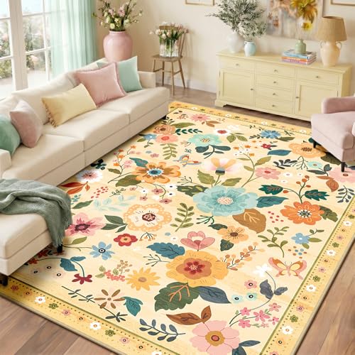 RELEANY Floral Washable 8x10 Area Rugs Yellow/Orange