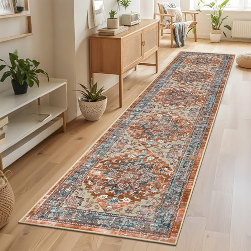 Runner Rug for Hallways Non Slip Washable Boho 2’6”x12 Hallway Low Pile Throw Rugs Vintage Carpet Runners for Entry Way, Kitchen, Laundry Room, Bathroom