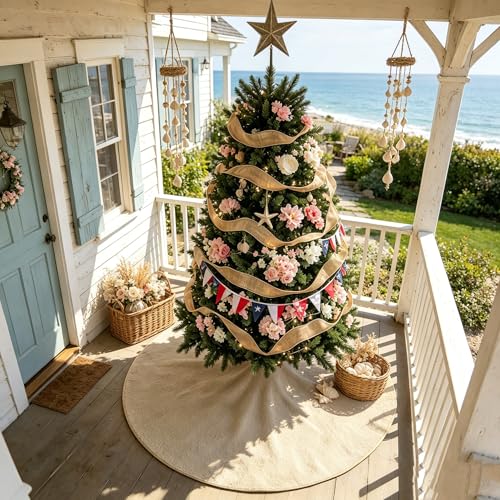 yuboo 48 Inch Burlap Christmas Tree Skirt, Brown Jute Linen Tree Mat, Summer Rustic Farmhouse Boho Tree Skirt with Ties for Holiday Tree Decor