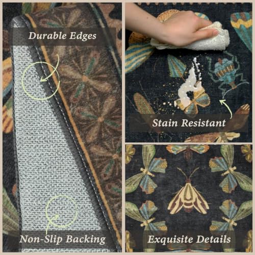 JTJ 3 Piece Kitchen Rug Set with Runner, Washable Vintage Insect, Black