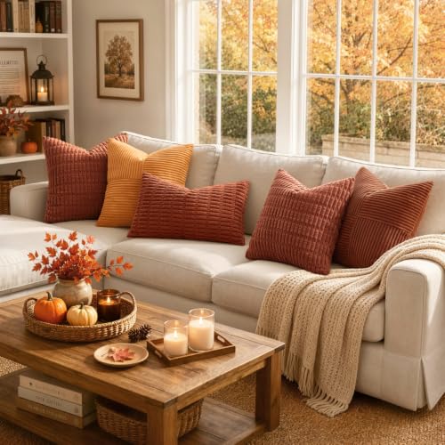 MIULEE Fall Lumbar Corduroy Decorative Throw Pillow Covers 12x20 Rust