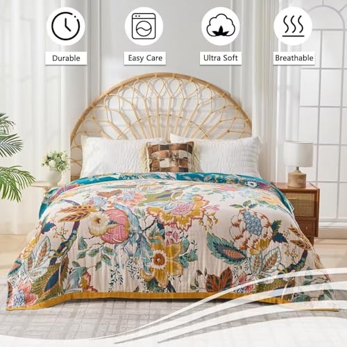 Boho Throw Blanket Farmhouse Decor Throw Blanket Bohemian Blanket for Bed 100% Cotton Muslin Woven Couch Blanket All Seasons Quilt Bedroom (C-Beige, 50"x60")