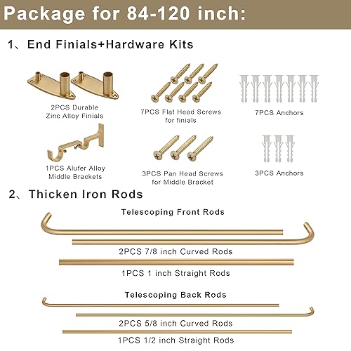 Double Curtain Rod for 84-120 Inches Windows, Blackout Wrap Around Window Curtain Rods，1-inch Heavy Duty Adjustable Room Darkening Rustic Dual Drapery Curtain Rods for for Livingroom, Kitchen, Patio