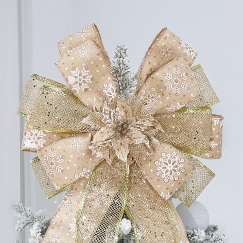 Christmas Tree Topper, Bow Large Christmas Bow Tree Topper, for Xmas Ornament Holiday Home Wedding Thanksgiving Indoor/Outdoor Decoration (Gold)