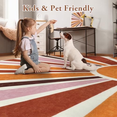 LIVEBOX Boho Nursery Rug Round 4ft Sun Rainbow Rug for Girls Bedroom, Soft Retro Colorful Circular Rugs for Kids Room, Non-Slip Circle Cute Washable Rugs for Living Room Classroom Play Room