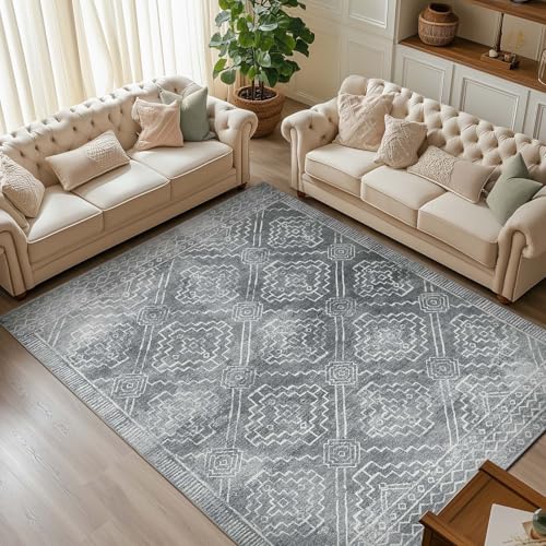 jinchan 8x10 Moroccan Geometric Washable Living Room Area Rug, Dark Grey