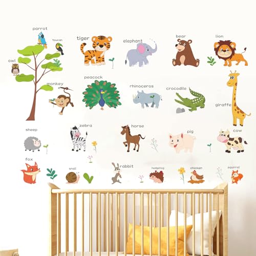 LOMILY Animal Learning Wall Stickers, Educational Cute Animal Wall Decals for Nursery Playroom Daycare, Wall Decor for Toddler Baby Boys Girls