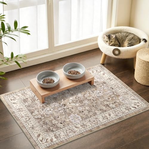 LOKHOM 2x3 Washable Area Rugs, Boho Floral Non-Slip Carpet Rug, Beige