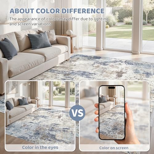 6x9 Area Rug Living Room Rugs - Washable Neutral Modern Abstract Soft Thin Large Rug Indoor Floor No Slip Rug Carpet for Bedroom Under Dining Table Home Office Decor- Denim Blue