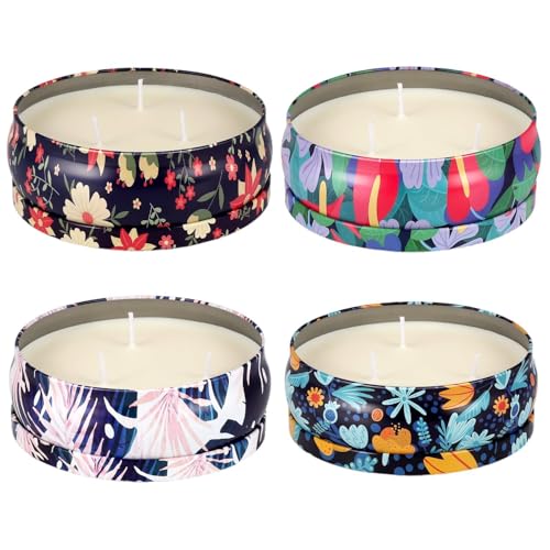 Tropical Printed Citronella Candles, Set of 4 x 13.5 oz Large Scented Candles with Natural Cotton Wicks - Made with Natural Soy Wax, for Home, Patio, Garden, Camping or as a Summer Housewarming Gift
