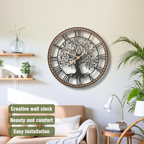 Micasso Rustic Oversize Wall Clock: 35 Inch Farmhouse Tree of Life Metal with Wood Frame - Battery Operated Wall Clocks for Bedroom/Fireplace/High-Ceiling - Home Decor for Interior Designers