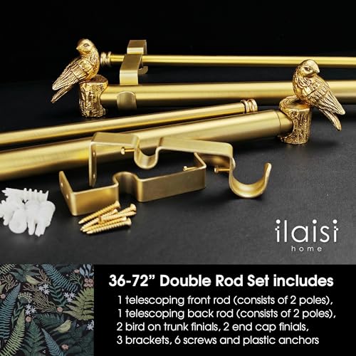 1-1/8 Inch Diameter Brushed Gold Curtain Rod with Bird Design Finials, 36-72'' Telescoping Double Curtain Rods for window width 24-68 inch, Decorative Drapery Rods for Bedroom,Living Room