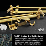 1-1/8 Inch Diameter Brushed Gold Curtain Rod with Bird Design Finials, 36-72'' Telescoping Double Curtain Rods for window width 24-68 inch, Decorative Drapery Rods for Bedroom,Living Room